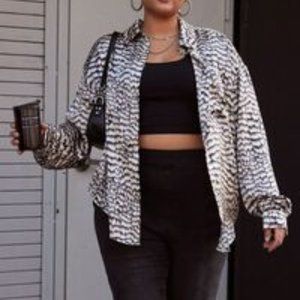 Forever 21+ Oversized Abstract Shirt Long Sleeve Silky Black Multi NEW 3X